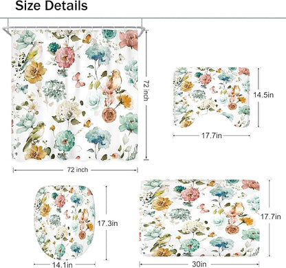 4 PCS Green Floral Birds Bathroom Set - Image 3