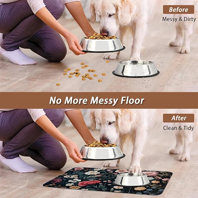 Floral Boho Dog Cat Food Mat, Non-Slip Water Bowl Placemat, Indoor Pet - Image 5