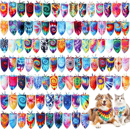 100 Pcs Tie Dye Dog Bandanas Bulk Pet Bibs Colorful Triangle Scarf Pet Bandanas by Huhumy