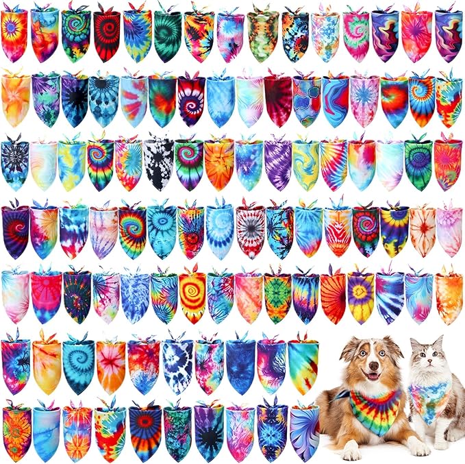 200 Pcs Tie Dye Dog Bandanas Bulk Pet Bibs Colorful Triangle Scarf Tie Dye Pet by Huhumy