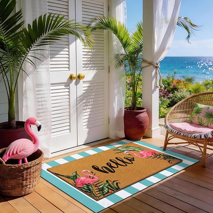 Tinideya 2 Pcs Summer Door Mat Flamingo Welcome Non Slip Coir Hello Mats Floor - Image 4