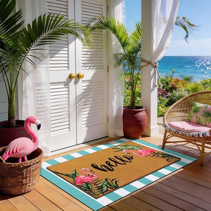 Tinideya 2 Pcs Summer Door Mat Flamingo Welcome Non Slip Coir Hello Mats Floor - Image 4