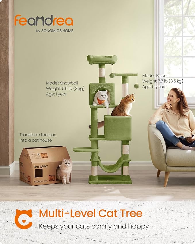 Feandrea Cat Tree, 59.5-Inch Tall Cat Tower, Plush Multi-Level Condo - Image 2