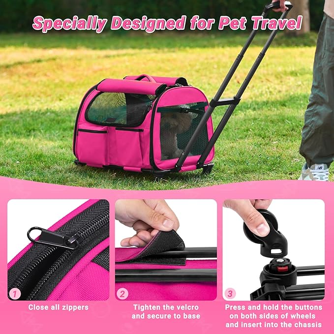 Large Pet Carrier with Wheels, Foldable Rolling Dog Carrier with Big Pocket - Image 4