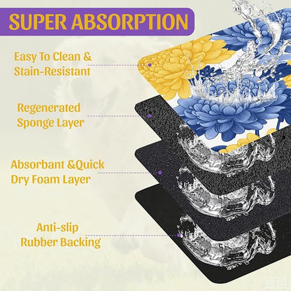 Blue Yellow Flowers Pet Feeding Mat, Quick Dry Absorbent Water Bowl Mat - Image 3