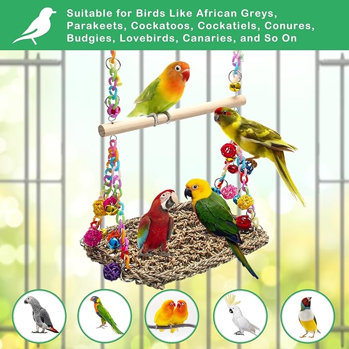 Bird Swing Mat with Wood Perch, AHIER Seagrass Bird Hammock - Image 4