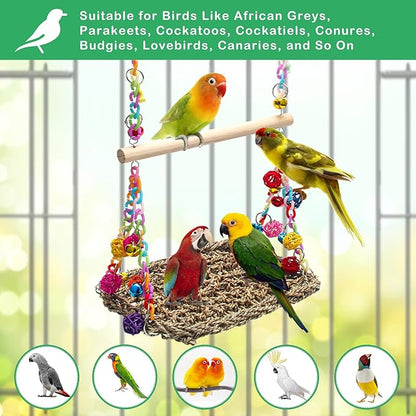 Bird Swing Mat with Wood Perch, AHIER Seagrass Bird Hammock - Image 4