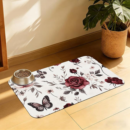 Vintage Flower Butterfly Dog Cat Food Mat, Absorbent Feeding Placemat, by QSOQSO