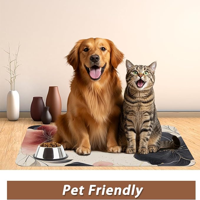 Pink Floral Pet Feeding Mat, Boho Flower Absorbent Quick-Dry Cat Dog Food and - Image 6