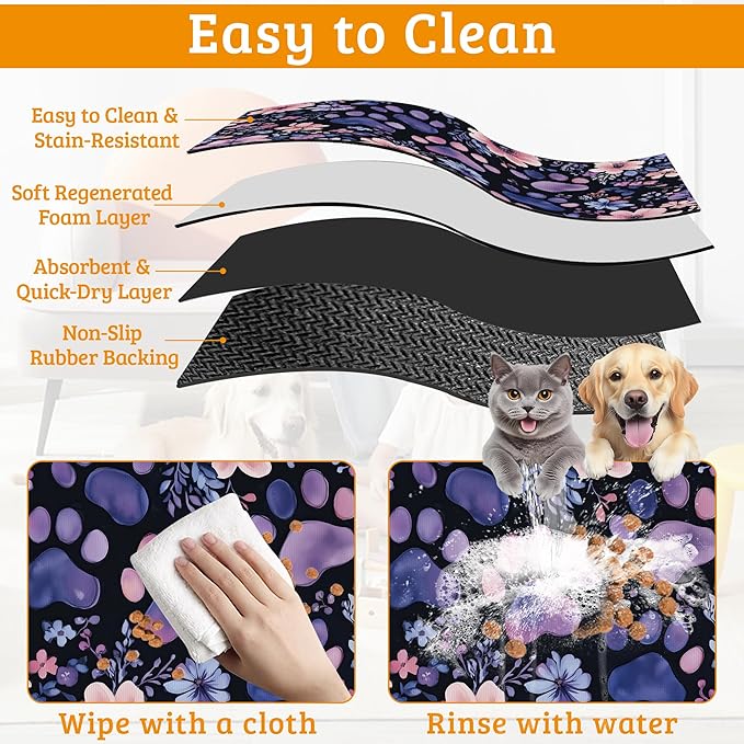 Paw Print Dog Food Mat, Watercolor Flower Absorbent Pet Feeding Mat - Image 5