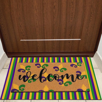 Tinideya 2 Pcs Mardi Gras Door Mat Carnival Welcome Non Slip Coir Mats Purple - Image 7