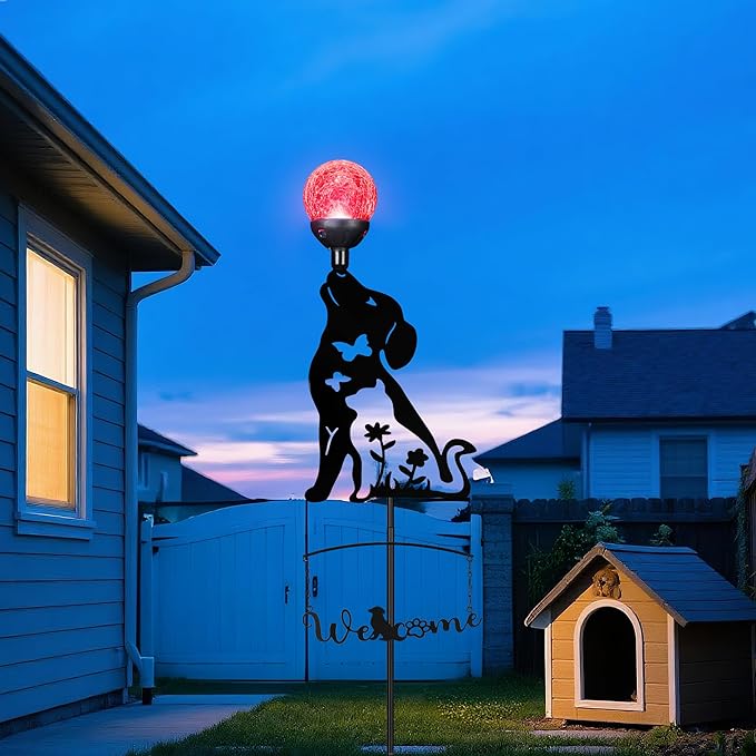 Solar Dog Light Outdoor Decorative, Metal Black Dog&Cat Silhouette Solar Garden - Image 3