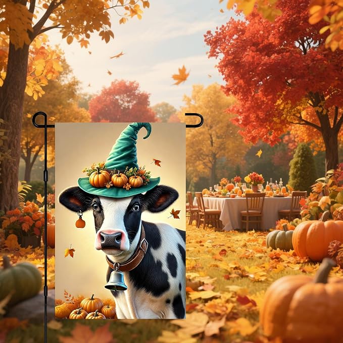 Happy Fall Garden Flag Halloween Flag Cute Cow Calf 12x18 Inch Witch Hat - Image 7