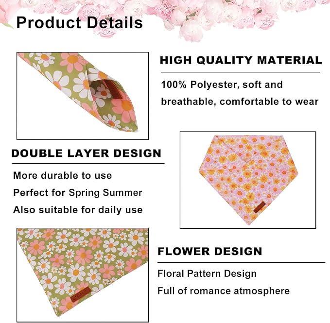 ADOGGYGO Floral Dog Bandanas 2 Pack, Daisy Flower Puppy Scarf, Premium Fabric - Image 5