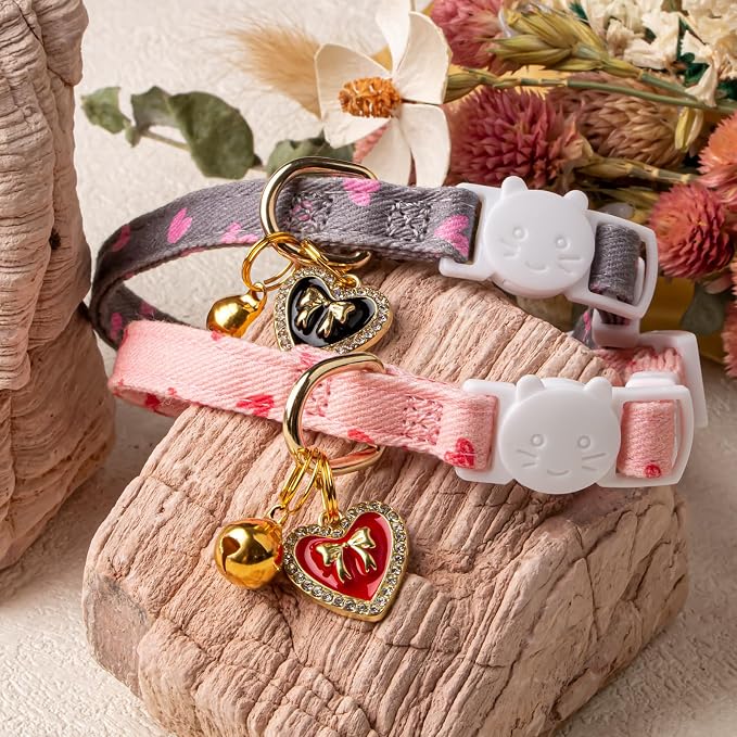 2 Pack Cotton Breakaway Cat Collar Pink and Gray Heart Shaped Pendant Cute - Image 5