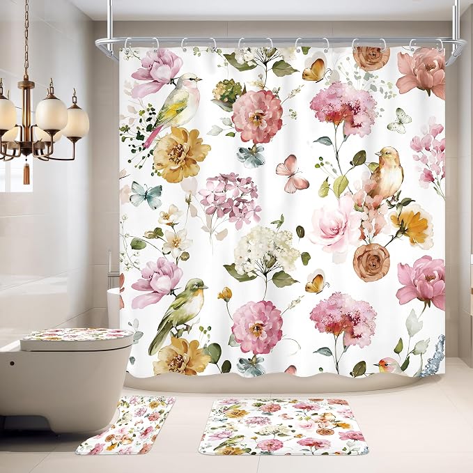 4 PCS Pink Floral Birds Bathroom Set by Ufeela