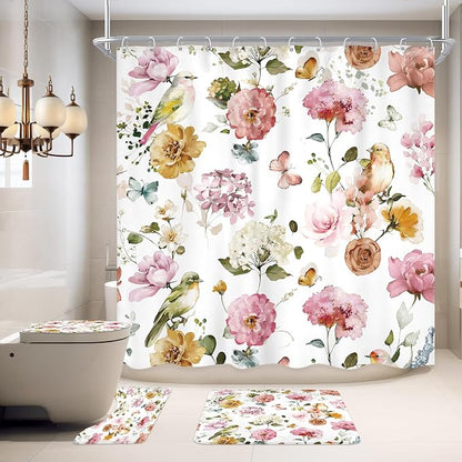 4 PCS Pink Floral Birds Bathroom Set by Ufeela