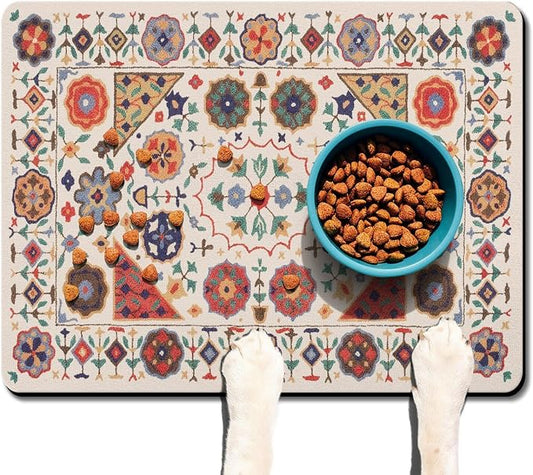 Moroccan Trellis Dog Food & Water Mat, Boho Colorful Vintage Pet Feeding Mat - Image 2