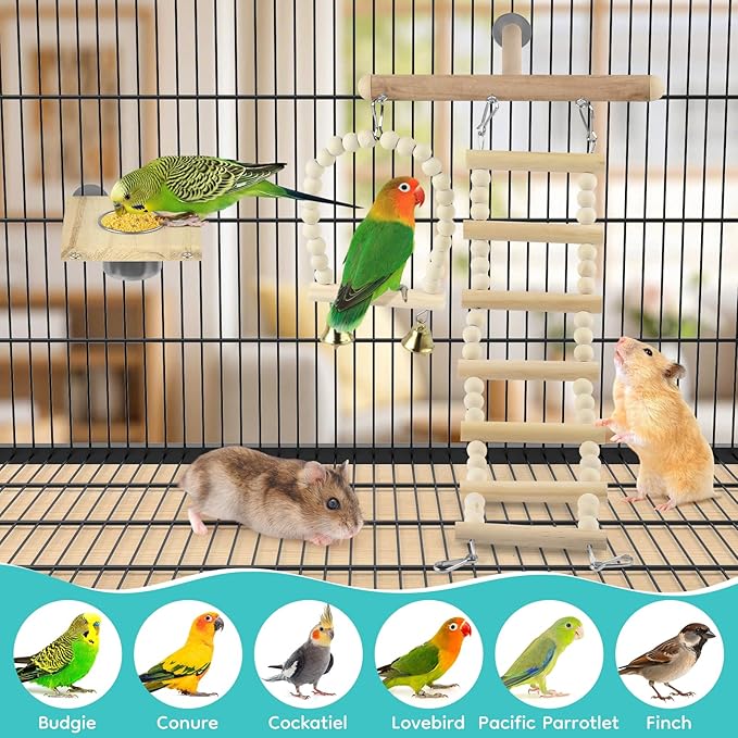 5in1 Bird Perch Ladder with Swing, Natural Wood Parrot Perches Platform with - Image 7
