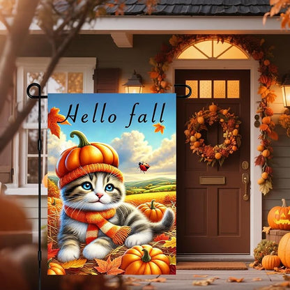 Hello Fall Garden Flag Cute Kitten Pumpkin Hat Scarf Flag 12x18 Inch Autumn Pet - Image 5