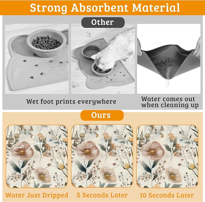 Vintage Flowers Dog Cat Food Mat, Herbs Absorbent Waterproof Placemat - Image 3