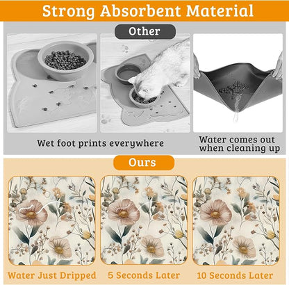 Vintage Flowers Dog Cat Food Mat, Herbs Absorbent Waterproof Placemat - Image 3