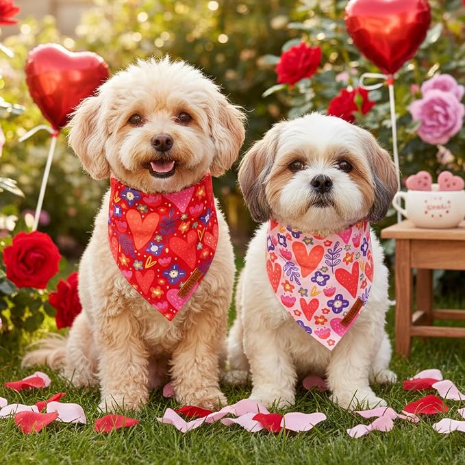 ADOGGYGO Valentines Dog Bandana 2 Pack, Heart and Floral Print Puppy Scarf Bib - Image 2