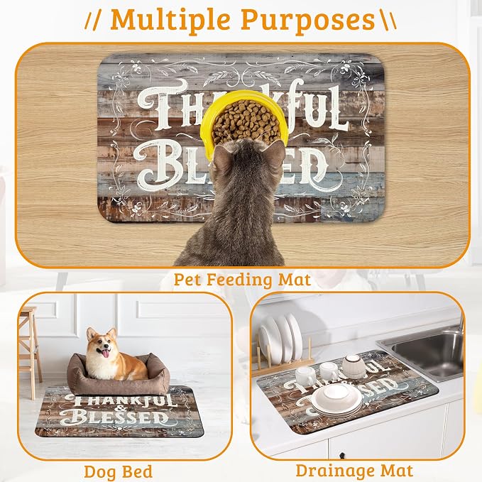 Thankful Feeding Mat, Blessed Absorbent Quick-Dry Cat Dog Food and Water Bowl - Image 7