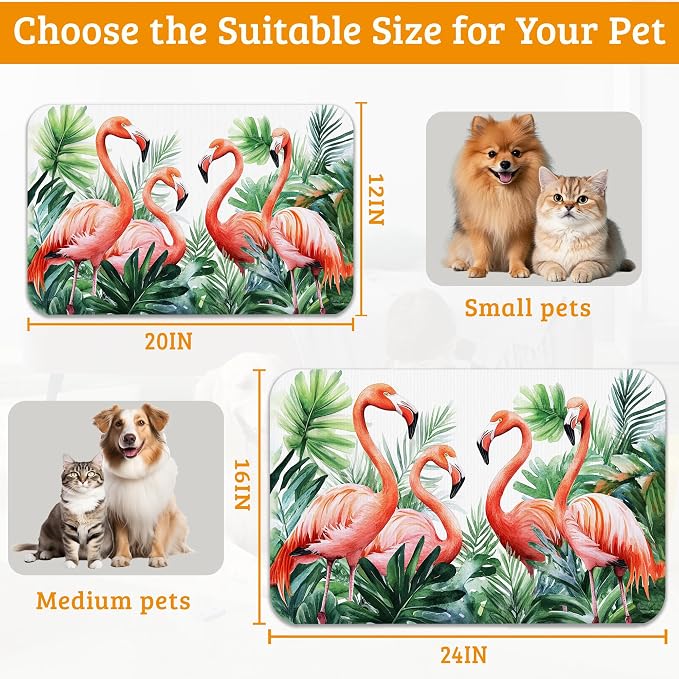 Pink Flamingo Dog Food Mat, Plam Leaves Absorbent Pet Feeding Mat - Image 6