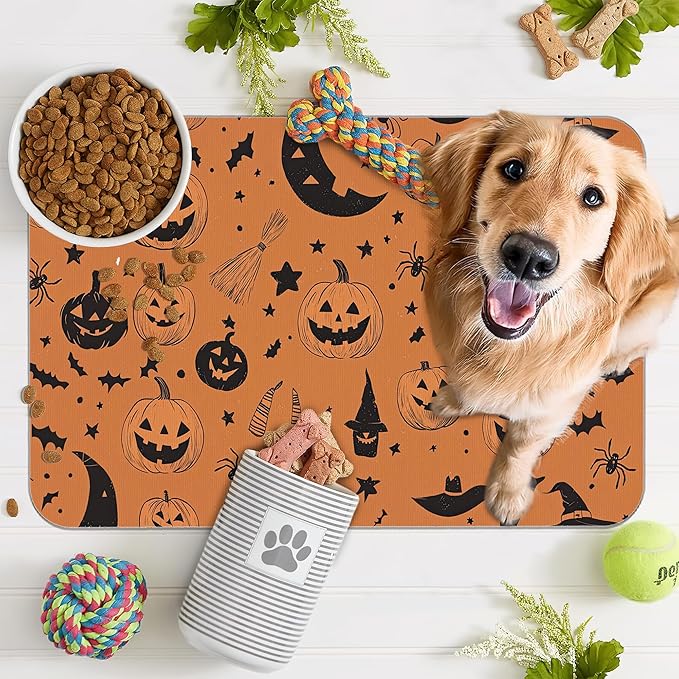Halloween Dog Food Mat for Floors, Pumpkin Bat Absorbent Quick-Dry Pet Feeding - Image 7