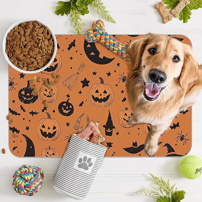 Halloween Dog Food Mat for Floors, Pumpkin Bat Absorbent Quick-Dry Pet Feeding - Image 7
