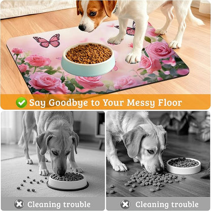 Rose Pink Dog Cat Food Mat, Butterfly Absorbent Waterproof Placemat - Image 4