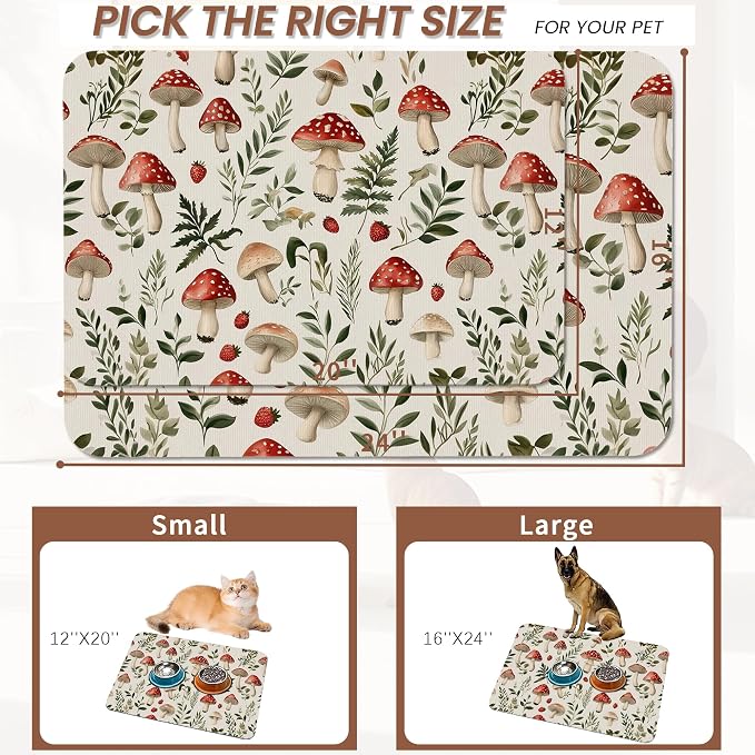Red Mushroom Pet Feeding Mat, Fern Herb Berries Absorbent Quick-Dry Cat Dog - Image 2