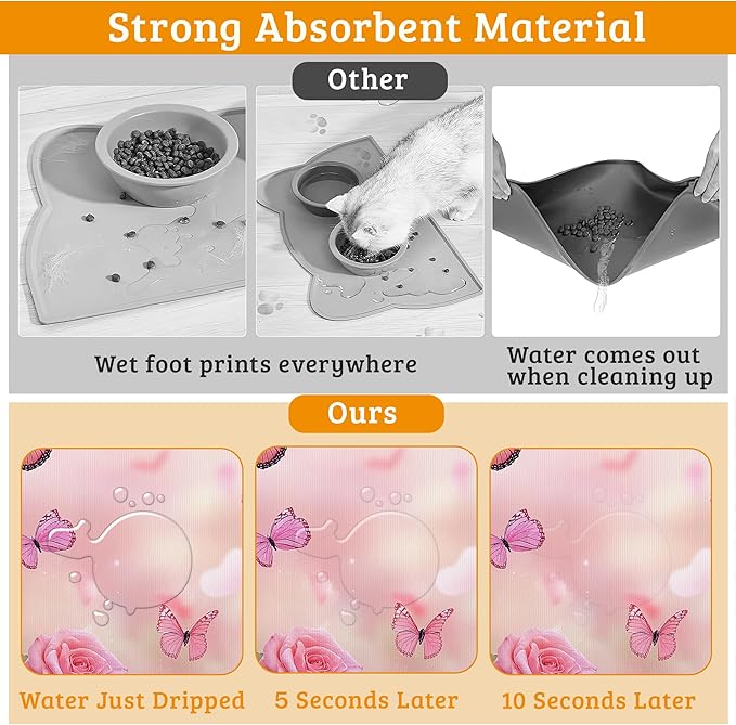 Rose Pink Dog Cat Food Mat, Butterfly Absorbent Waterproof Placemat - Image 3