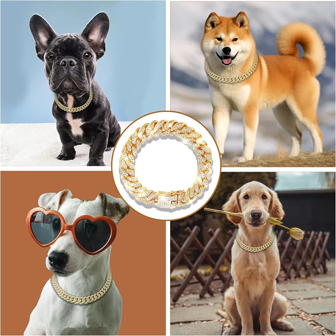 Dog Chain Designer Gold Crystal Pet Collar Cuban Link Chain - Image 2
