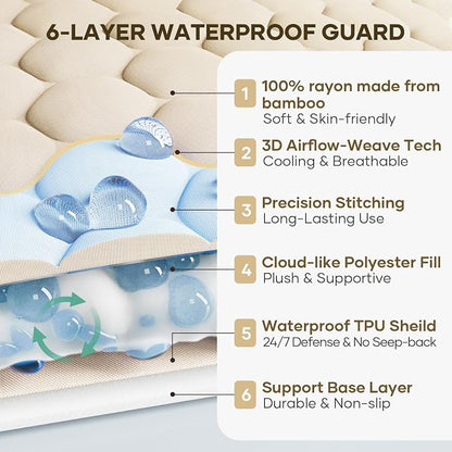 OhGeni 100% Waterproof Mattress Protector, Queen-Beige Size Mattress Pad - Image 2
