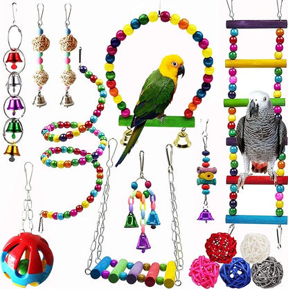 Hamiledyi Bird Parrot Swing Chewing Toy Set 15PCS Wooden Hanging Bell by Hamiledyi