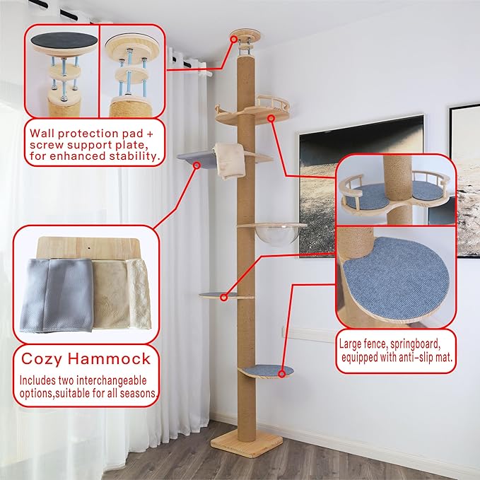 Floor to Ceiling Cat Tree Height Adjustable Cat Tower 5 Tier Hemp Scratching - Image 2