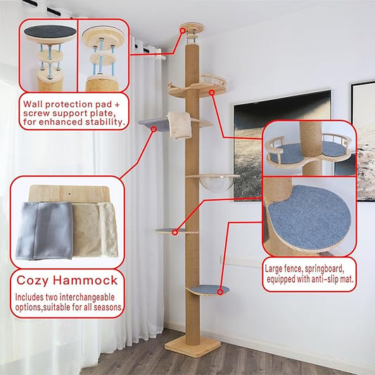 Floor to Ceiling Cat Tree Height Adjustable Cat Tower 5 Tier Hemp Scratching - Image 2