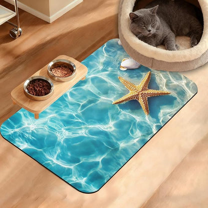 Starfish Shells Dog Cat Food Mat, Sea Beach Absorbent Waterproof Placemat by Unknown