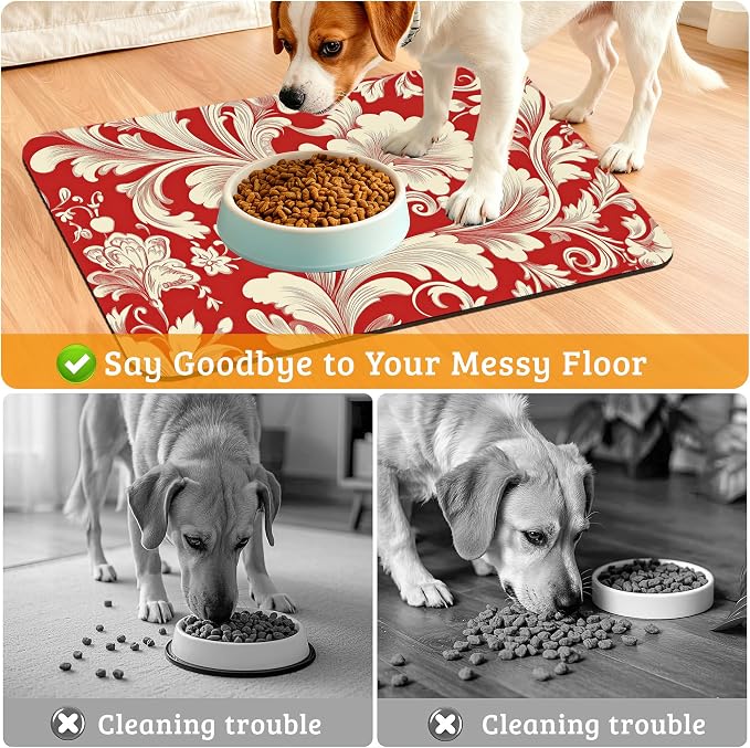 Red White Flower Feeding Mat, Paisley Absorbent Quick-Dry Cat Dog Food and - Image 4