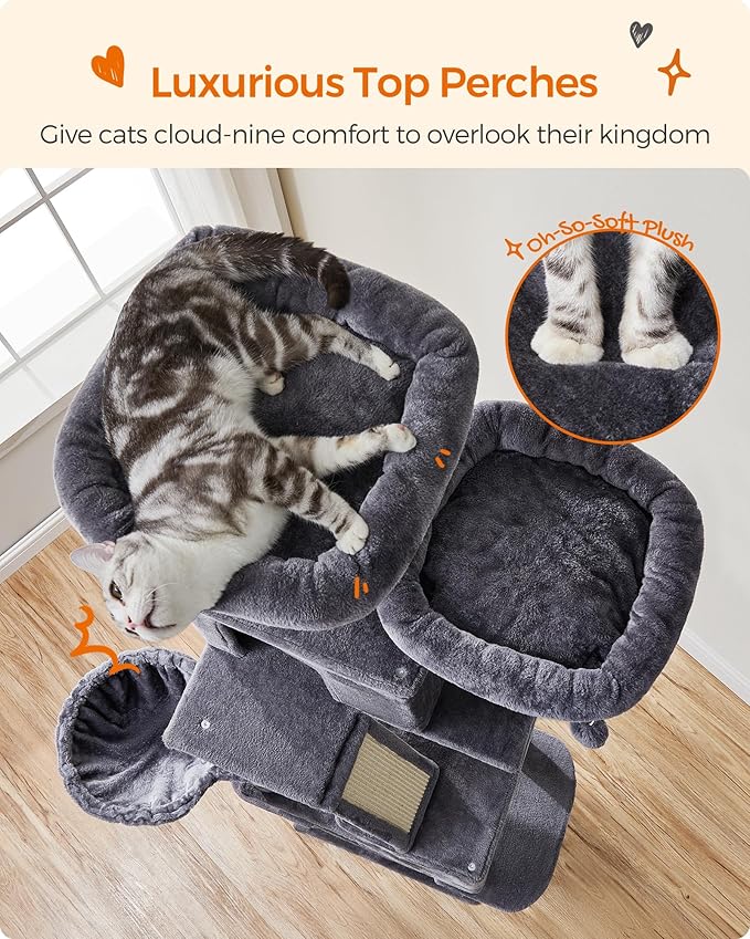 Feandrea Cat Tree, 81.1-Inch Large Cat Tower, 2 Perches, 2 Caves, Smoky Gray - Image 3