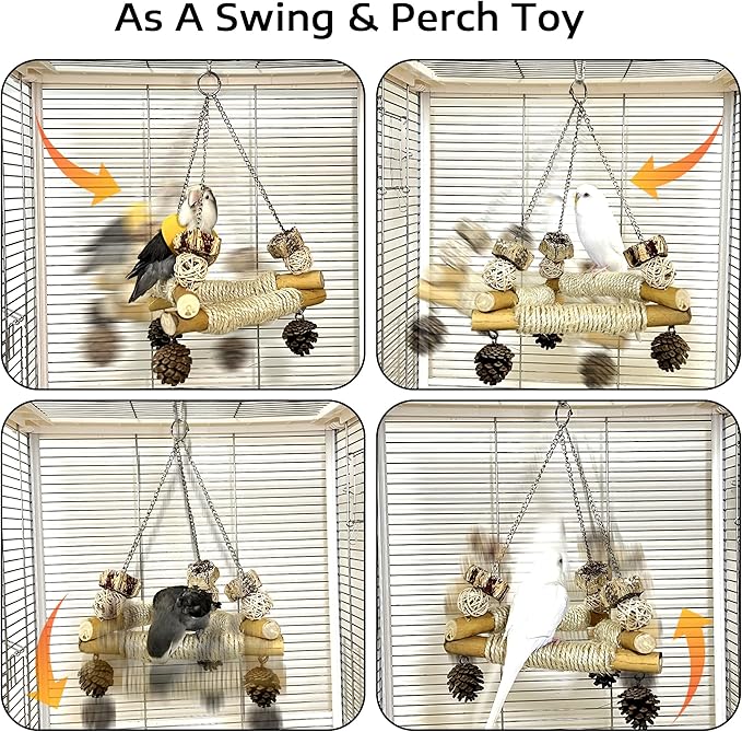 Bird Swing for Cage with Chew Toys, 3 Sisal-Wrapped Parrot Perches & Stable - Image 2