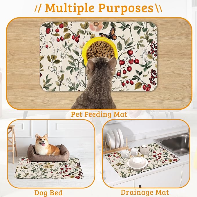 Butterfly Flower Dog Food Mat, Vintage Berry Absorbent Pet Feeding Mat - Image 7
