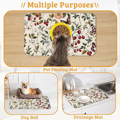 Butterfly Flower Dog Food Mat, Vintage Berry Absorbent Pet Feeding Mat - Image 7