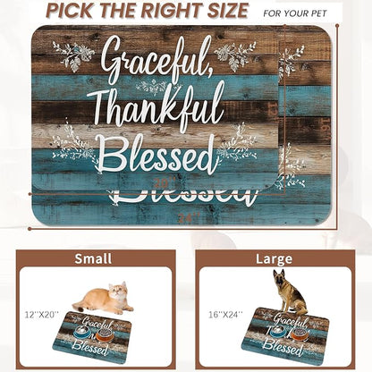 Thankful Grateful Blessed Dog Cat Food Mat, Vintage Wooden Absorbent Pet - Image 2