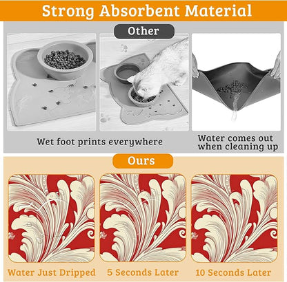 Red White Flower Feeding Mat, Paisley Absorbent Quick-Dry Cat Dog Food and - Image 3
