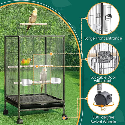 Yaheetech 35 inch Wrought Iron Bird Cage w/Play Open Top and Rolling Stand - Image 6