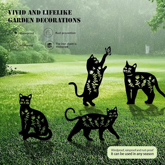 4 Pack Cat Metal Garden Decorative Stakes, Weather Proof Silhouette Statues - Image 3