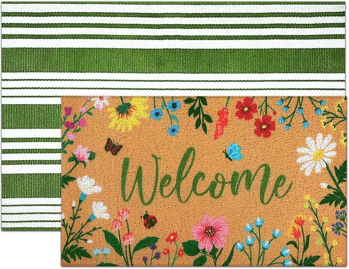 Tinideya 2 Pcs Spring Welcome Door Mat Floral Outdoor Layered Doormats - Image 8
